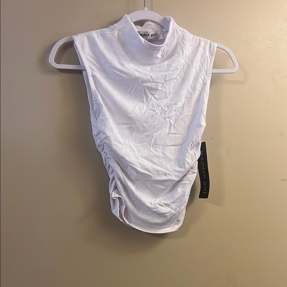 Madden Girl White Ruched Sleeveless Bodysuit